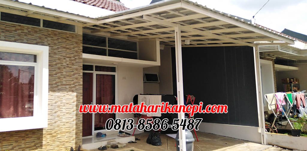 Hasil Pemasangan Kanopi Baja Ringan Atap Spandek Elegan Plus Cat Putih di Perum The Royal Felice Blok A4, Kalimulya Depok