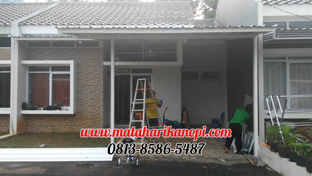 Hasil Pemasangan Kanopi Baja Ringan Atap Spandek Elegan Plus Cat Putih di Perum The Royal Felice Blok A4, Kalimulya Depok