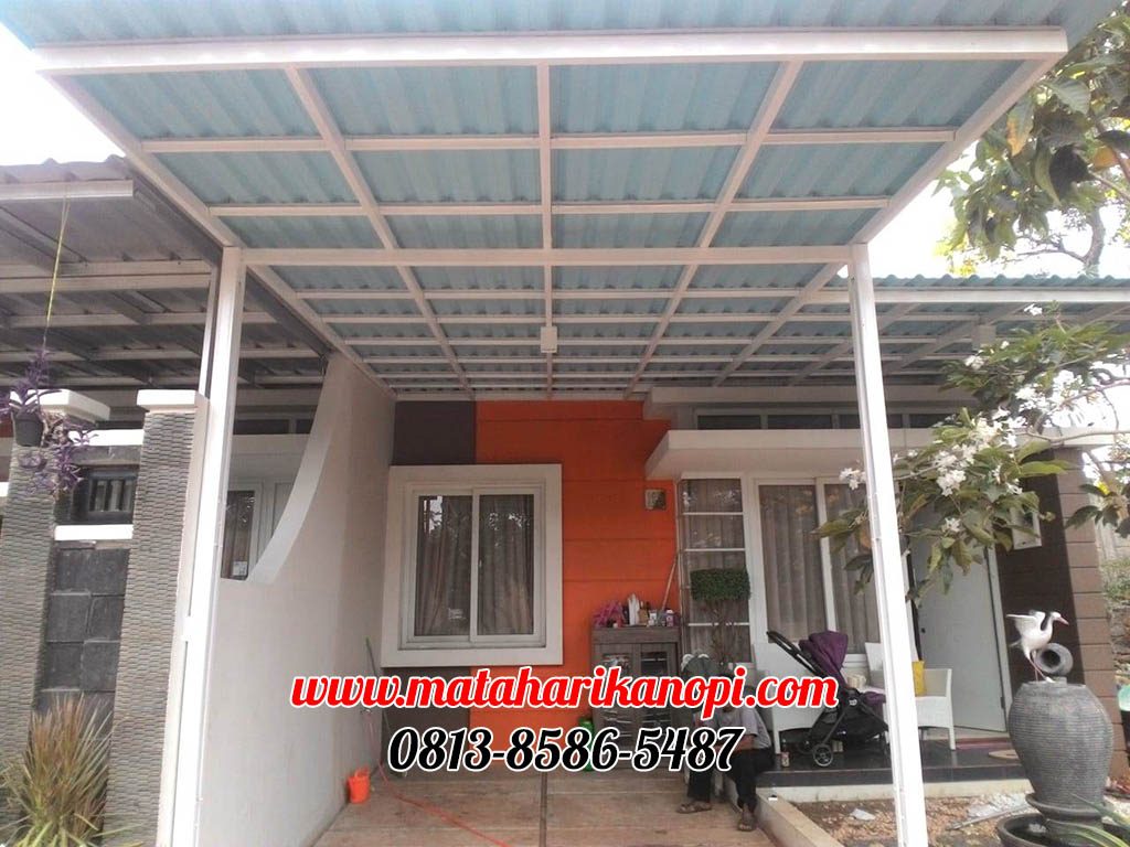 Hasil Pemasangan Kanopi Baja Ringan Atap Alderon Sunpanel Biru Type Super Elegan Plus Cat Putih di Cibubur Country, Cluster Cheddaer Forest 19B