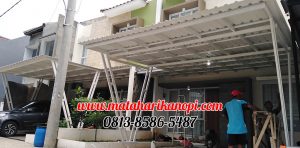 Hasil Pemasangan Kanopi Baja Ringan Atap Alderon Sunpanel Super Elegan Model Tiang V Spesial Plus Cat Putih di Perum Syamsa Naura Blok A10 Depok