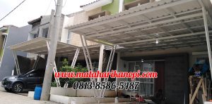 Hasil Pemasangan Kanopi Baja Ringan Atap Alderon Sunpanel Super Elegan Model Tiang V Spesial Plus Cat Putih di Perum Syamsa Naura Blok A10 Depok