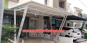 Hasil Pemasangan Kanopi Baja Ringan Atap Alderon Sunpanel Super Elegan Model Tiang V Spesial Plus Cat Putih di Perum Syamsa Naura Blok A10 Depok