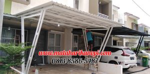 Hasil Pemasangan Kanopi Baja Ringan Atap Alderon Sunpanel Super Elegan Model Tiang V Spesial Plus Cat Putih di Perum Syamsa Naura Blok A10 Depok