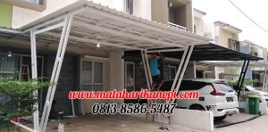 Hasil Pemasangan Kanopi Baja Ringan Atap Alderon Sunpanel Super Elegan Model Tiang V Spesial Plus Cat Putih di Perum Syamsa Naura Blok A10 Depok