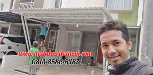 Hasil Pemasangan Kanopi Baja Ringan Atap Alderon Sunpanel Super Elegan Model Tiang V Spesial Plus Cat Putih di Perum Syamsa Naura Blok A10 Depok
