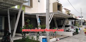 Hasil Pemasangan Kanopi Baja Ringan Atap Alderon Sunpanel Super Elegan Model Tiang V Spesial Plus Cat Putih di Perum Syamsa Naura Blok A10 Depok