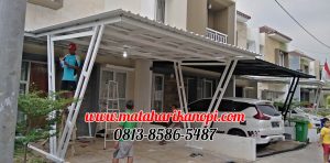 Hasil Pemasangan Kanopi Baja Ringan Atap Alderon Sunpanel Super Elegan Model Tiang V Spesial Plus Cat Putih di Perum Syamsa Naura Blok A10 Depok