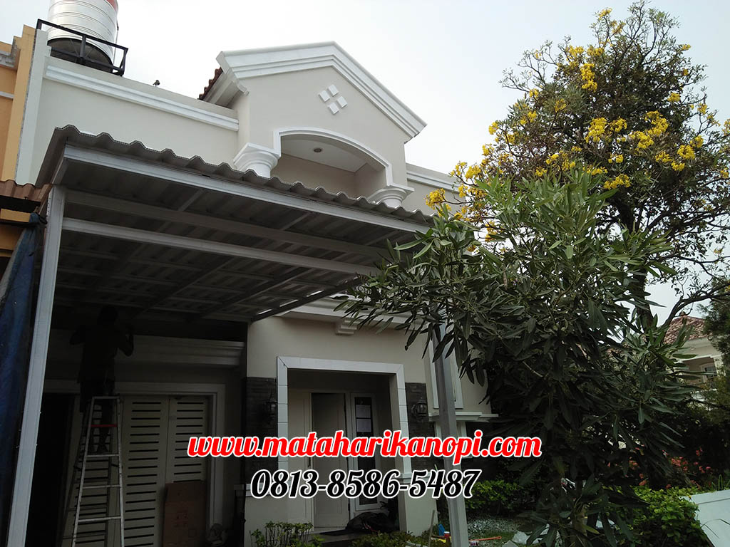 Hasil Pemasangan Kanopi Baja Ringan Atap Alderon Sunpanel Super Elegan Plus Cat Putih di Raffles Hills Cibubur