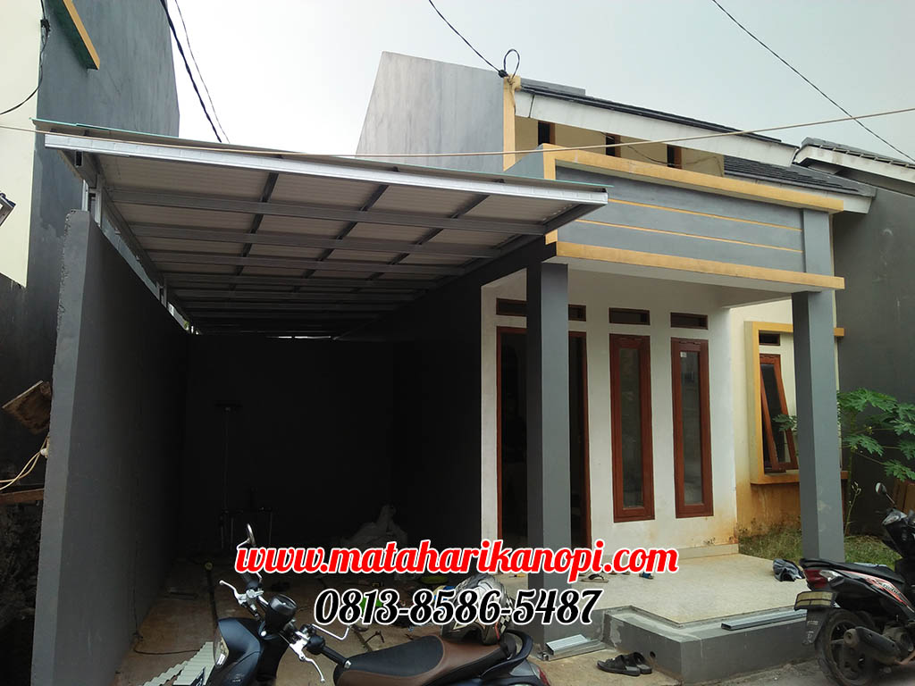 Hasil Pemasangan Kanopi Baja Ringan Atap Evo Gold Ekonomis Hijau Putih di Cluster Cahaya Muslim, Jl. Teluk Bayur, Sukmajaya, Depok