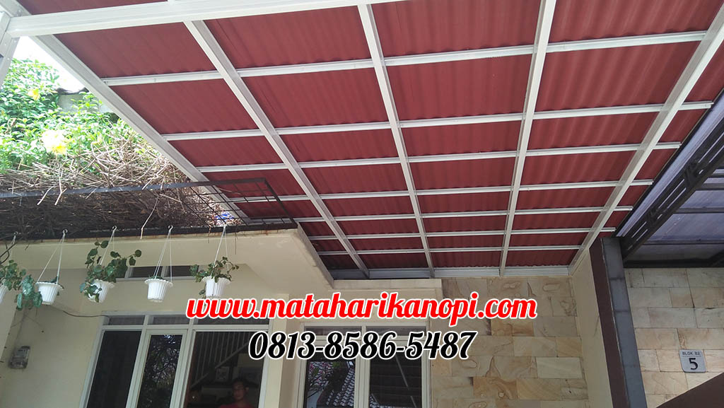 Hasil Pemasangan Kanopi Baja Ringan Atap Go Green Merah Type Elegan Plus Cat Putih di Graha Mampang Mas Depok