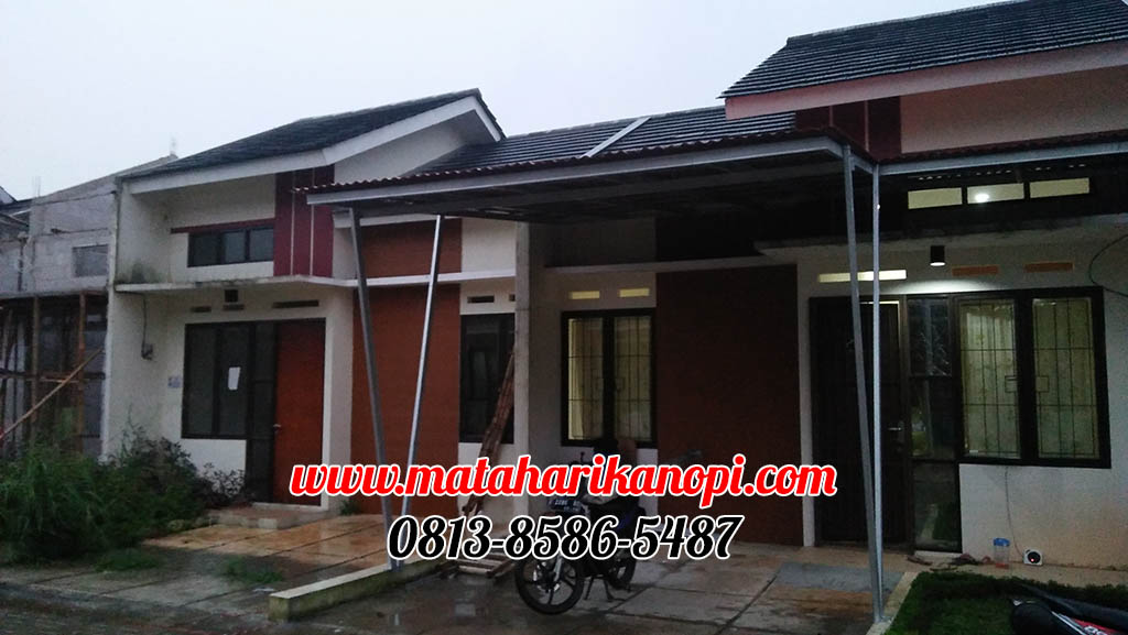 Hasil Pemasangan Kanopi Baja Ringan Atap Go Green Merah Type Elegan Model Tiang V di Pondok Rajeg