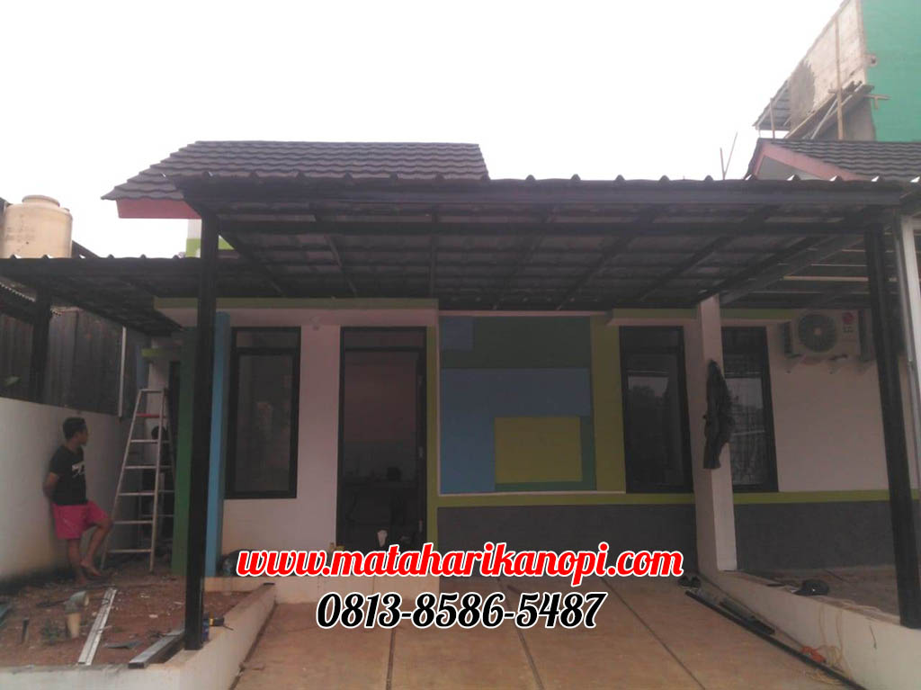 Hasil Pemasangan Kanopi Baja Ringan Atap Spandek Standar Plus Cat Hitam di Perum Barakana Residence Blok B16 Rawageni Depok