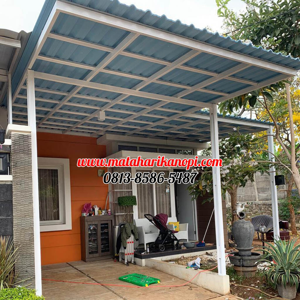 Hasil Pemasangan Kanopi Baja Ringan Atap Alderon Sunpanel Biru Type Super Elegan Plus Cat Putih di Cibubur Country, Cluster Cheddaer Forest 19B