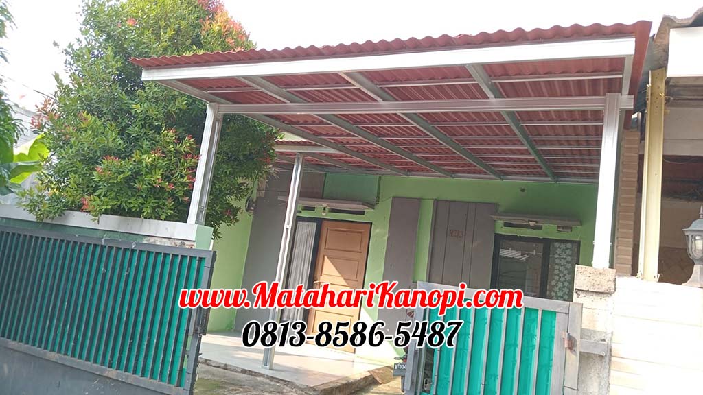 Hasil Pemasangan Kanopi Baja Ringan Atap Go Green Merah Paket Ekonomis di Taman Anyelir 3 Kalimulya Depok