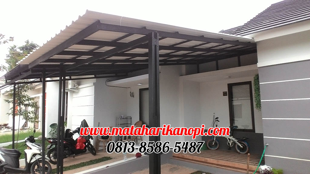 Hasil Pemasangan Kanopi Baja Ringan Atap Alderon Sunpanel Putih Plus Cat Hitam di Perum Mampang Hills Blok G XIV No14 Depok