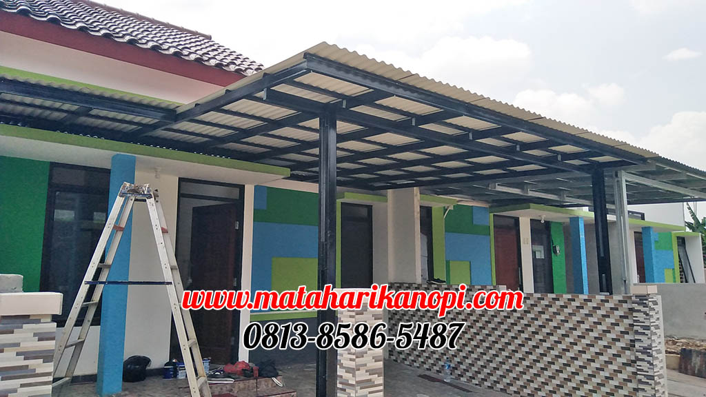 Hasil Pemasangan Kanopi Baja Ringan Atap Evo Gold Standar Merah Putih Plus Cat Hitam di Barakana Residence Rawa Geni Cipayung Depok