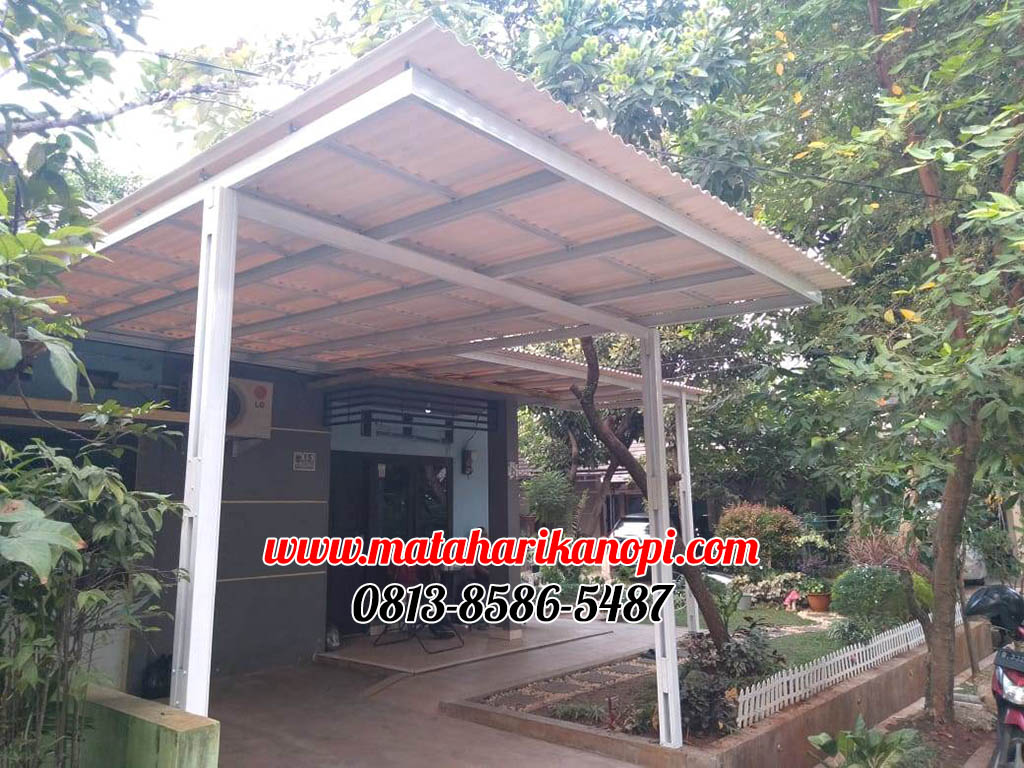 Hasil Pemasangan Kanopi Baja Ringan Atap Alderon RS Standar Plus Cat Putih di Perum Pondok Darussalam Kukusan Beji Depok