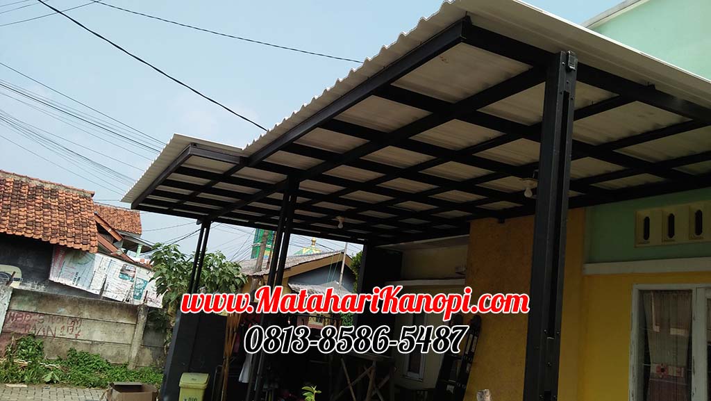 Hasil Pemasangan Kanopi Baja Ringan Atap Alderon Sunapel Super Elegan Plus Cat Hitam di Griya Cilodong Asri Depok