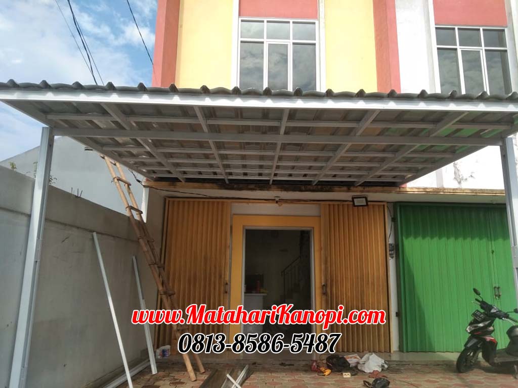 Hasil Pemasangan Kanopi Baja Ringan Atap Spandek Super Elegan Plus Cat Putih di Arco Bento